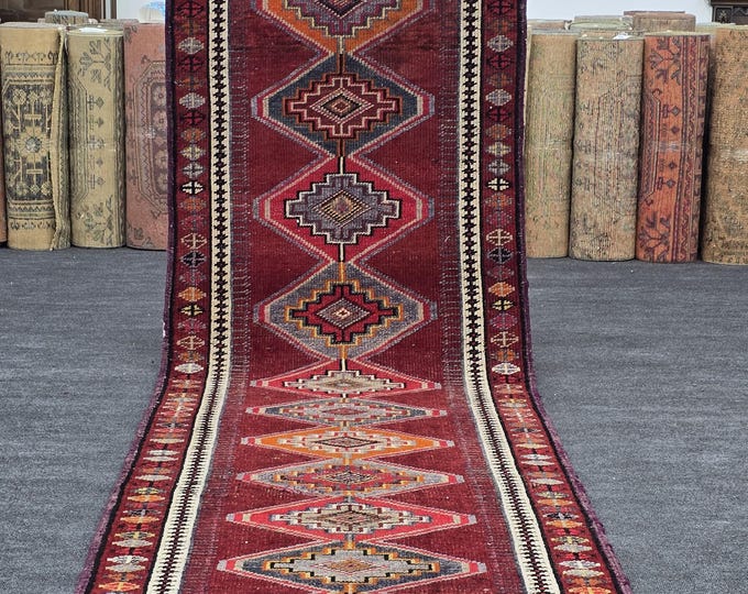 3x12 Vintage Turkish Wool Runner, Burgundy Geometric Hallway Rug (3' x 11'10")