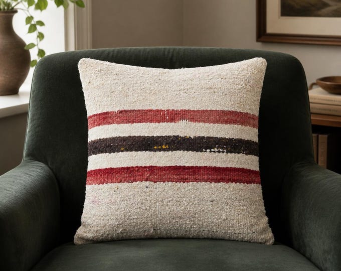19x19 Vintage Kilim Pillow Cover, Red Stripe Wool Cushion, Boho Farmhouse Decor