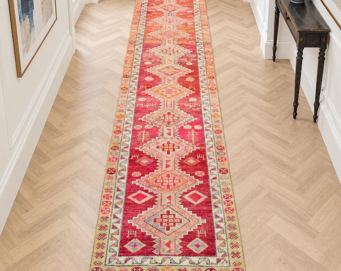 3x11 Vintage Turkish Runner Rug, Faded Red Handmade Wool Geometric Anatolian Hallway Runner