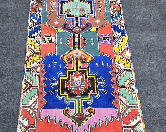 3x7 Vintage Turkish Area Rug, Handmade Wool Colorful Geometric Anatolian Tribal Carpet 3'2" × 6'7"