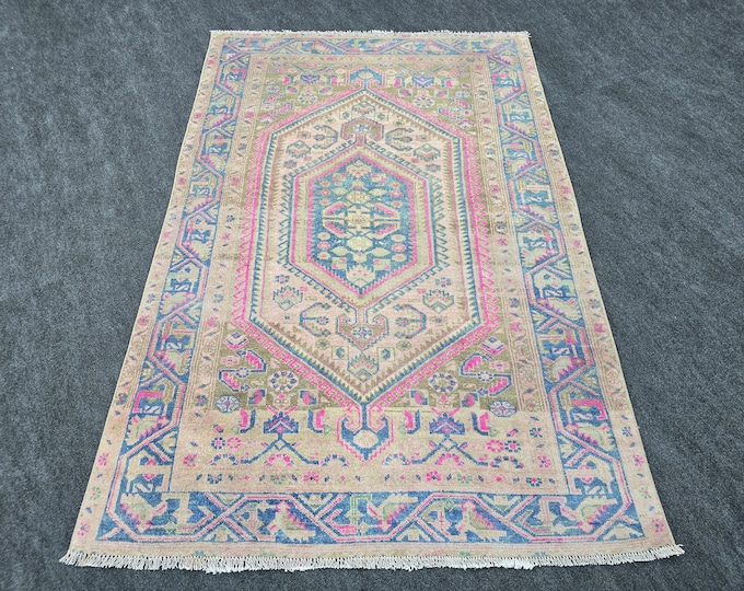 5x7 Vintage Turkish Wool Rug, Pink Blue Geometric Medallion Area Rug 4'7" x 6'8"