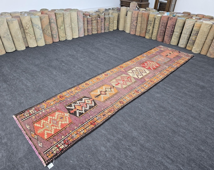 3x14 Vintage Turkish Oushak Wool Runner, Purple Geometric Hallway Rug (3'4" x 13'11")