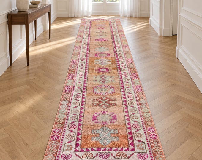Vintage Turkish Wool Runner, Pink Beige Oushak Hallway Rug, Handmade Anatolian 3x11 Ft