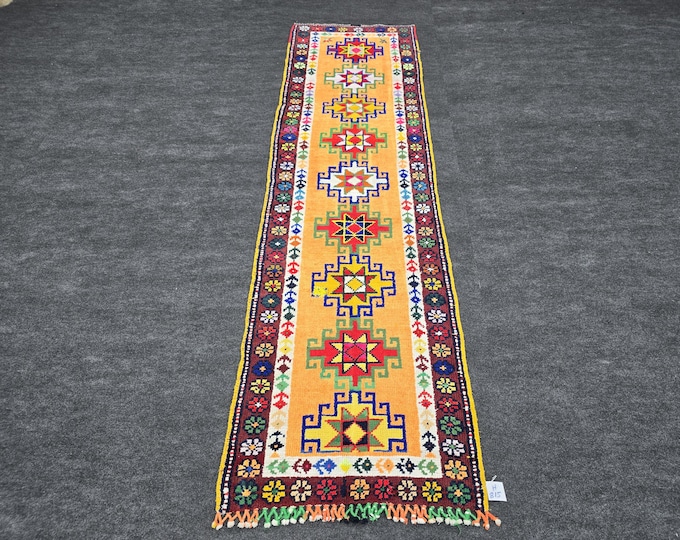 3x9 Vintage Turkish Wool Runner Rug, Colorful Orange Geometric Hallway Rug (2'7" x 9'4")