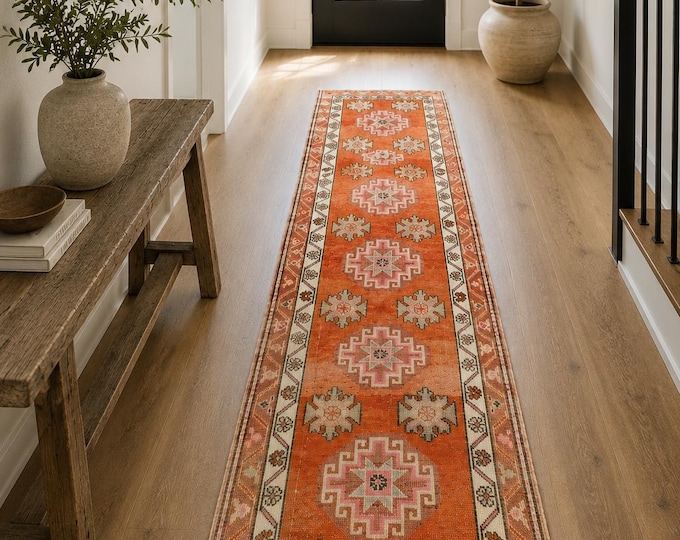 3x13 Vintage Turkish Oushak Runner Rug, Terracotta Wool Long Hallway Carpet