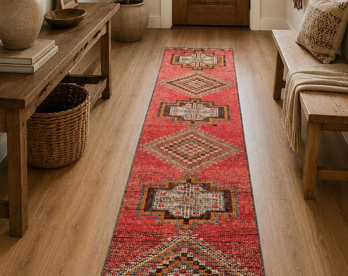 3x11 Vintage Turkish Runner Rug, Faded Red Handmade Wool Geometric Anatolian Hallway Runner