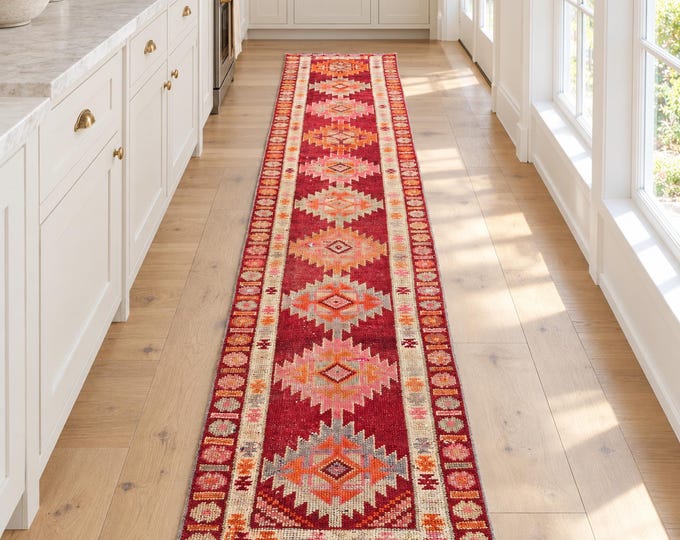 3x13 Vintage Turkish Wool Runner Rug, Red Orange Tribal Geometric Medallions, 2'7" x 12'5"