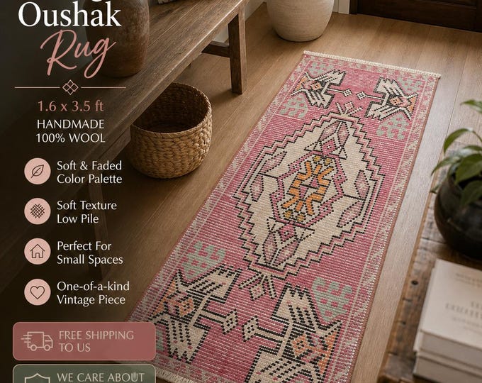 2x4 Vintage Turkish Oushak Rug, Handmade Wool Blush Pink Distressed Entryway Rug