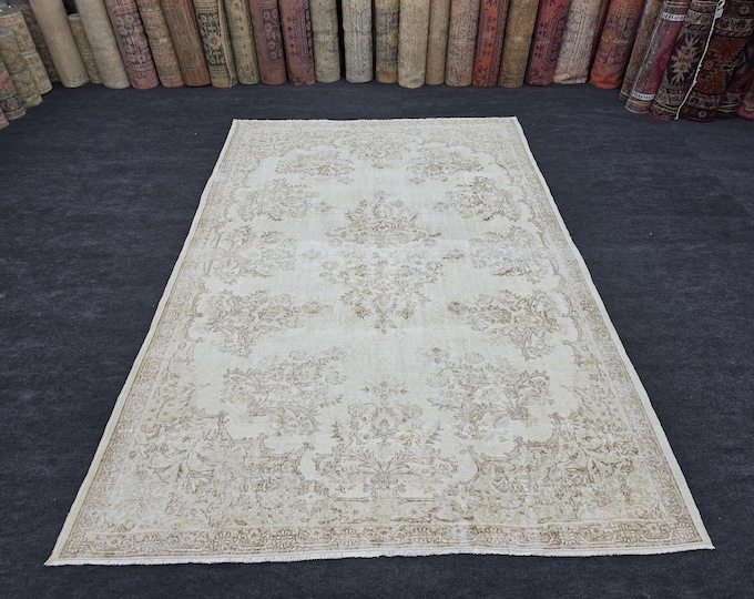 7x11 Vintage Turkish Oushak Wool Area Rug, Neutral Beige Floral, 7'1" x 10'6"