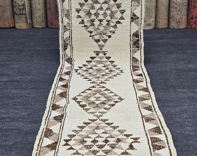 3x10 Vintage Turkish Oushak Runner Rug, Ivory Brown Geometric Wool (2'7" x 9'5")