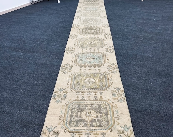2x20 Vintage Turkish Herki Runner Rug, Handmade Wool Beige Green Hallway Carpet (2'4" x 20'4")