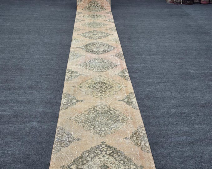 3x24 Vintage Turkish Oushak Runner Rug, Faded Blush Wool Extra Long Hallway Rug