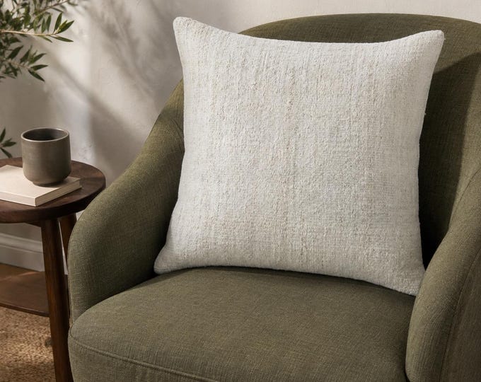 19x19 Vintage Kilim Pillow Cover, Cream Textured Wool Cushion, Organic Modern Boho Decor