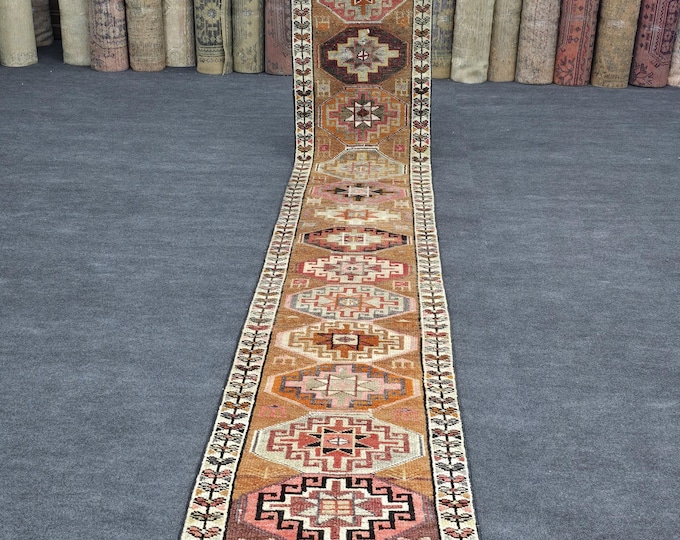 2x15 Vintage Turkish Runner Rug, Handmade Wool Tribal Geometric Extra Long Hallway Carpet