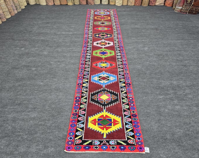 3x14 Vintage Turkish Wool Runner, Burgundy Multicolor Geometric Hallway Rug (2'11" x 13'6")