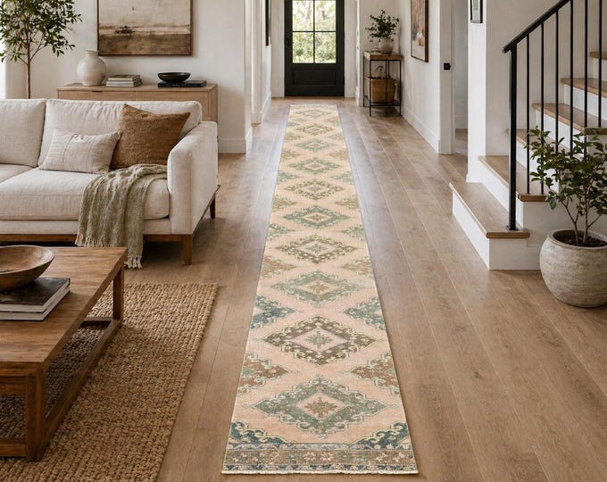 3x23 Vintage Turkish Runner Rug, Handmade Wool Oushak Style Extra Long Hallway Carpet
