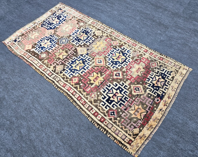 4x6 Vintage Turkish Oushak Rug, Blue Pink Geometric Medallion, Handmade Wool Area Rug
