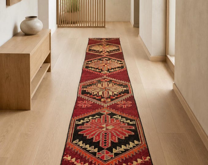 Vintage Turkish Runner Rug, Burgundy Wool Hallway Carpet, Geometric Tribal Anatolian Design (2x12 ft)