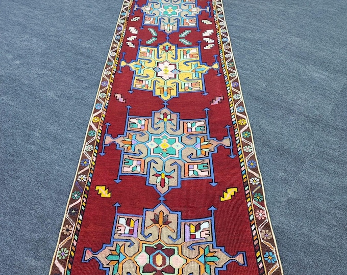 Vintage Red Turkish Runner Rug 3x13, Handmade Wool Tribal Caucasian Hallway Carpet Decor