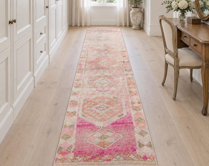 3x12 Vintage Turkish Wool Runner Rug, Faded Pink Orange Geometric Design (2'8" x 12'3")