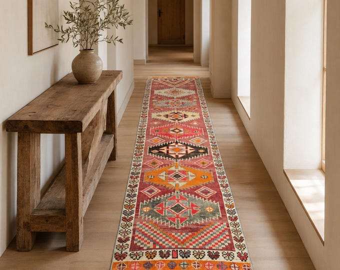 3x10 Vintage Turkish Runner Rug, Handmade Wool Anatolian Boho Hallway Carpet