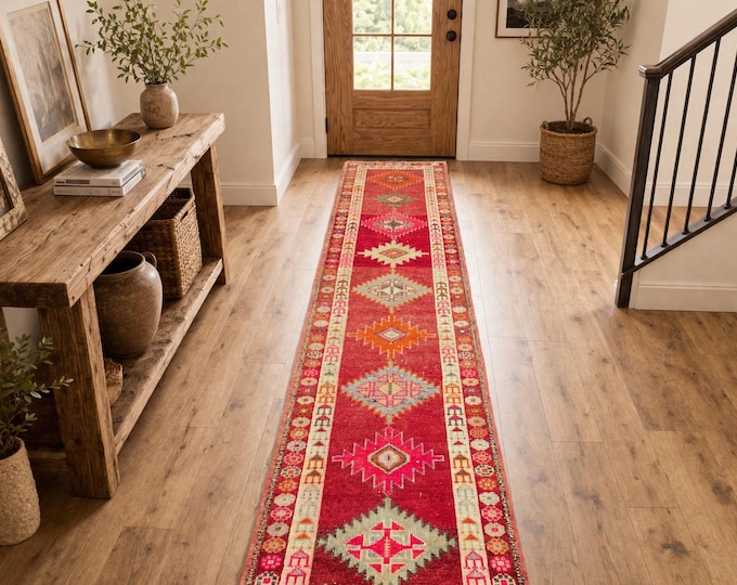 2x13 Vintage Turkish Herki Runner Rug, Handmade Wool Tribal Geometric Hallway Carpet