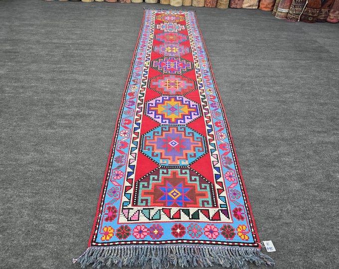 3x13 Vintage Turkish Kilim Runner Rug, Colorful Wool Flatweave Geometric Hallway Rug