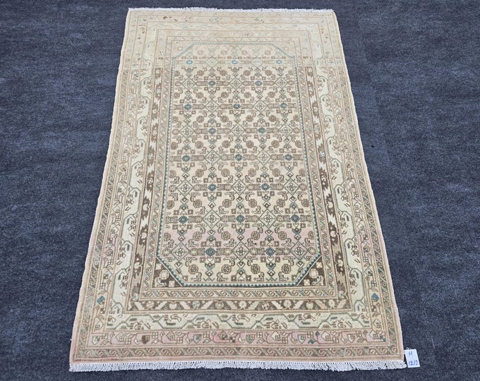 4x5 Vintage Turkish Area Rug, Handmade Wool Beige Blue Persian Style Oriental Carpet