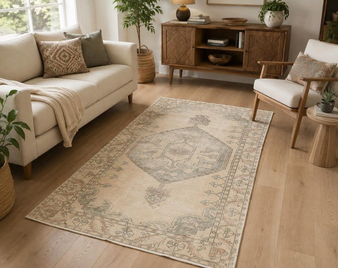 4x7 Vintage Turkish Area Rug, Handmade Wool Neutral Tribal Rug, Anatolian Boho Decor