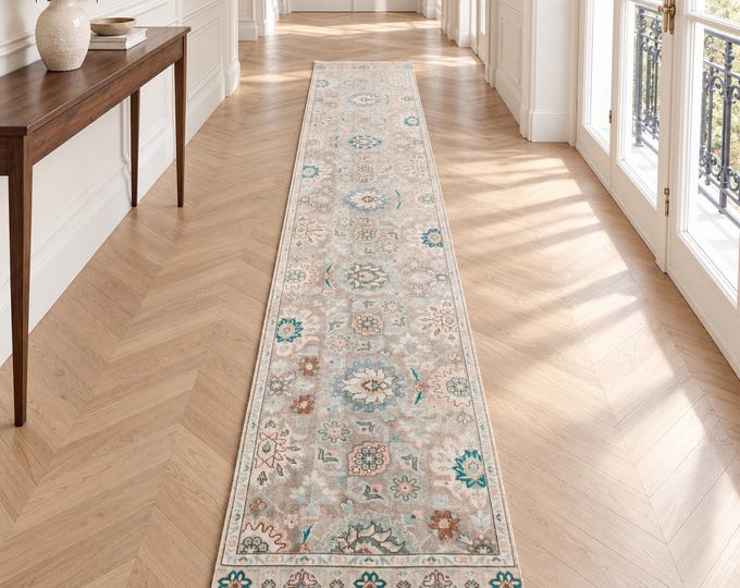 3x13 Vintage Turkish Wool Runner Rug, Ivory Teal Floral Anatolian Design, 2'5" x 12'5"