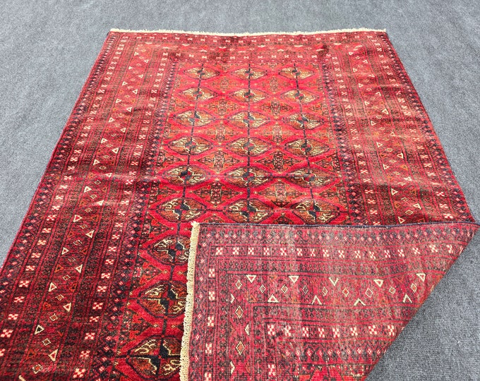4x5 Vintage Red Tribal Rug, Burgundy Geometric Area Rug, Traditional Bedroom Accent