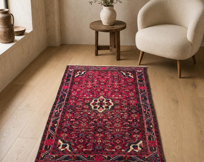 3x5 Vintage Turkish Area Rug, Handmade Wool Red Tribal Boho Living Room Carpet