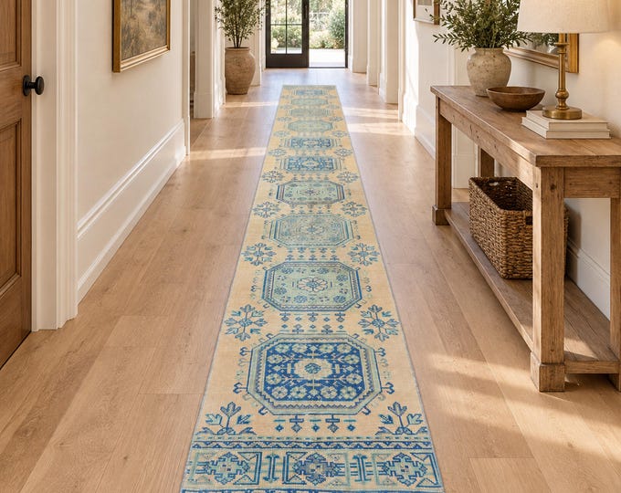 Vintage Turkish Herki Runner 3x22, Cream Blue Geometric Wool Extra Long Hallway Rug