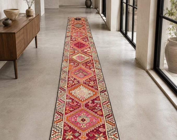 Vintage Turkish Runner Rug, Hand-Knotted Wool, Red Geometric Medallions, Extra Long (2x14 ft)