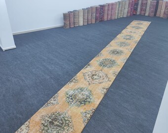 3x24 Ft Blue Vintage Turkish Runner Rug, Handmade Wool Hallway Runner, Extra Long Boho Carpet