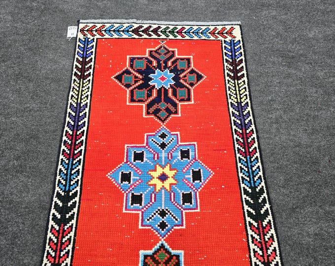 2x12 Vintage Turkish Runner Rug, Bright Red Handmade Wool Tribal Hallway Carpet 2' × 12'4"