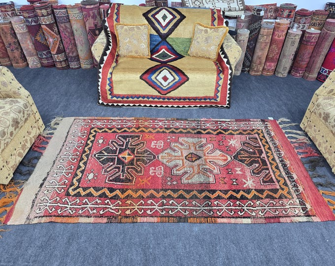 4x8 Vintage Turkish Tribal Area Rug, Handmade Wool Red Geometric Anatolian Carpet (4'1" x 7'9")