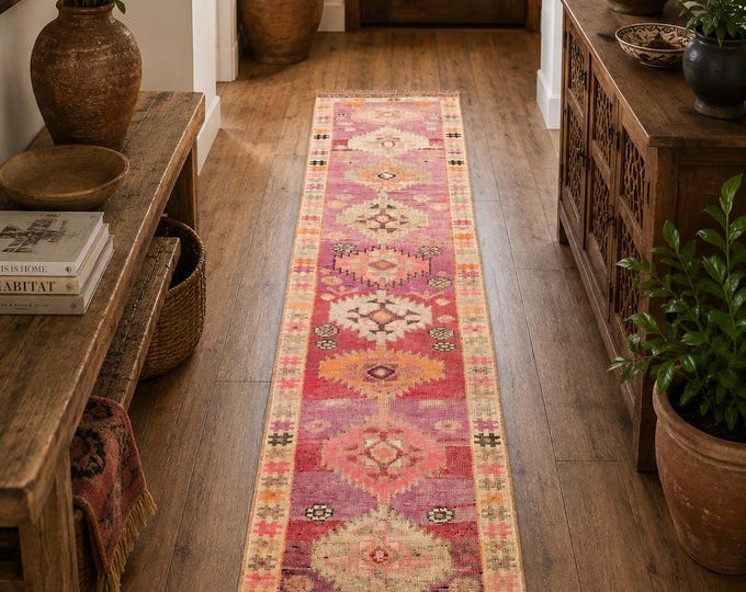 2x10 Vintage Turkish Oushak Runner Rug, Handmade Wool Pink Orange Boho Hallway Kitchen Carpet