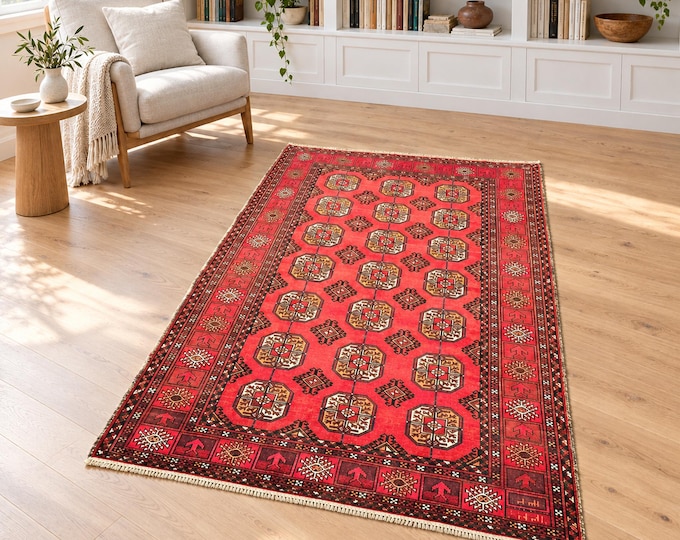 4x6 Vintage Turkish Wool Area Rug, Red Tribal Medallion Anatolian Rug, 3'8" x 6'2"