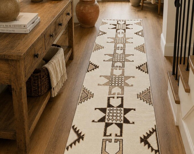 3x11 Vintage Turkish Oushak Runner Rug, Neutral Beige Brown Handmade Wool Tribal Hallway Carpet
