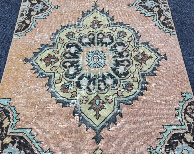 Vintage Turkish Runner Rug 3x23, Handmade Wool Peach Blue Extra Long Hallway Rug