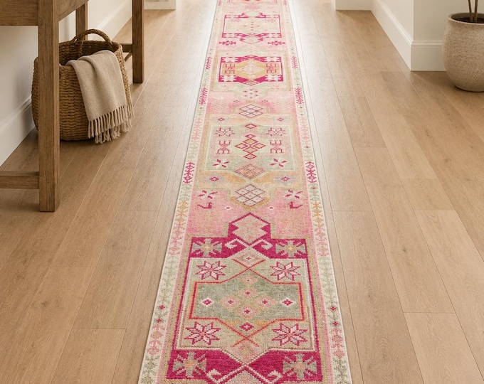 2x18 Vintage Turkish Wool Runner Rug, Pink Red Geometric Extra Long Hallway Ru 2'x17'6"
