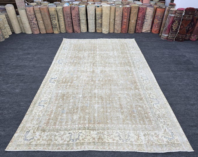7x11 Vintage Turkish Oushak Wool Rug, Faded Beige Ivory Floral Area Rug (7'1" x 10'9")