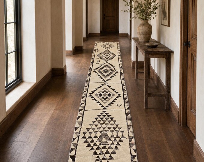 3x13 Vintage Turkish Runner Rug, Handmade Wool Tribal Hallway Carpet, Neutral Anatolian Decor