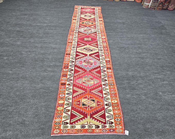 2x13 Vintage Turkish Runner Rug, Red Handmade Wool Tribal Anatolian Hallway Carpet