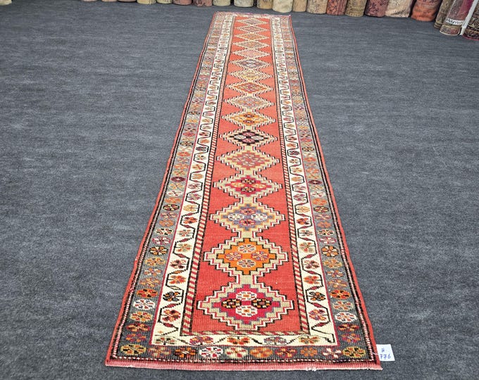 3x12 Vintage Turkish Oushak Runner, Coral Wool Geometric Hallway Rug