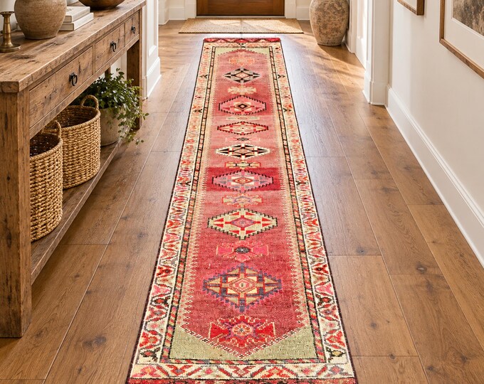 Vintage Turkish Oushak Runner Rug 2x12, Faded Red Hand Knotted Wool Hallway Carpet