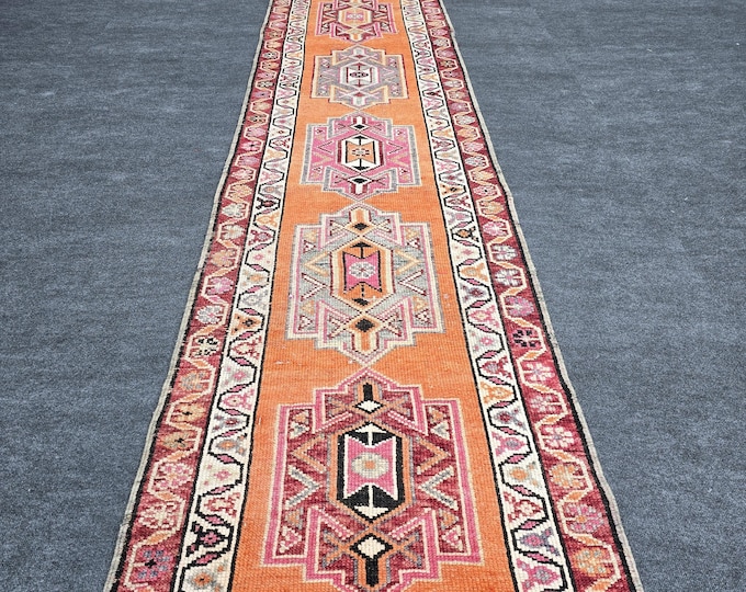 3x14 Vintage Turkish Oushak Wool Runner Rug, Rust Orange Geometric Hallway Carpet 2'10" x 13'11"