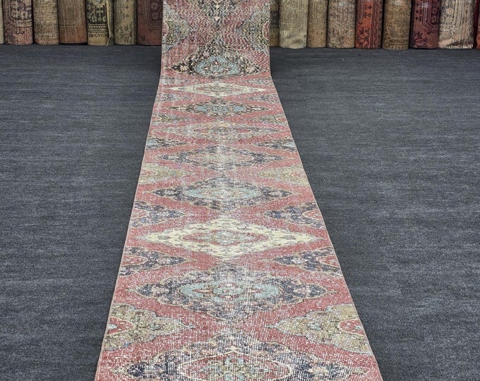 3x23 Vintage Turkish Wool Runner Rug, Faded Coral Extra Long Hallway Rug (2'7" x 23'3")