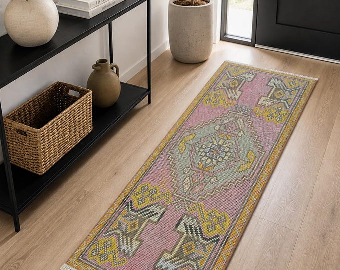2x3 Vintage Turkish Oushak Rug, Handmade Wool Pink Mustard Small Entryway Rug